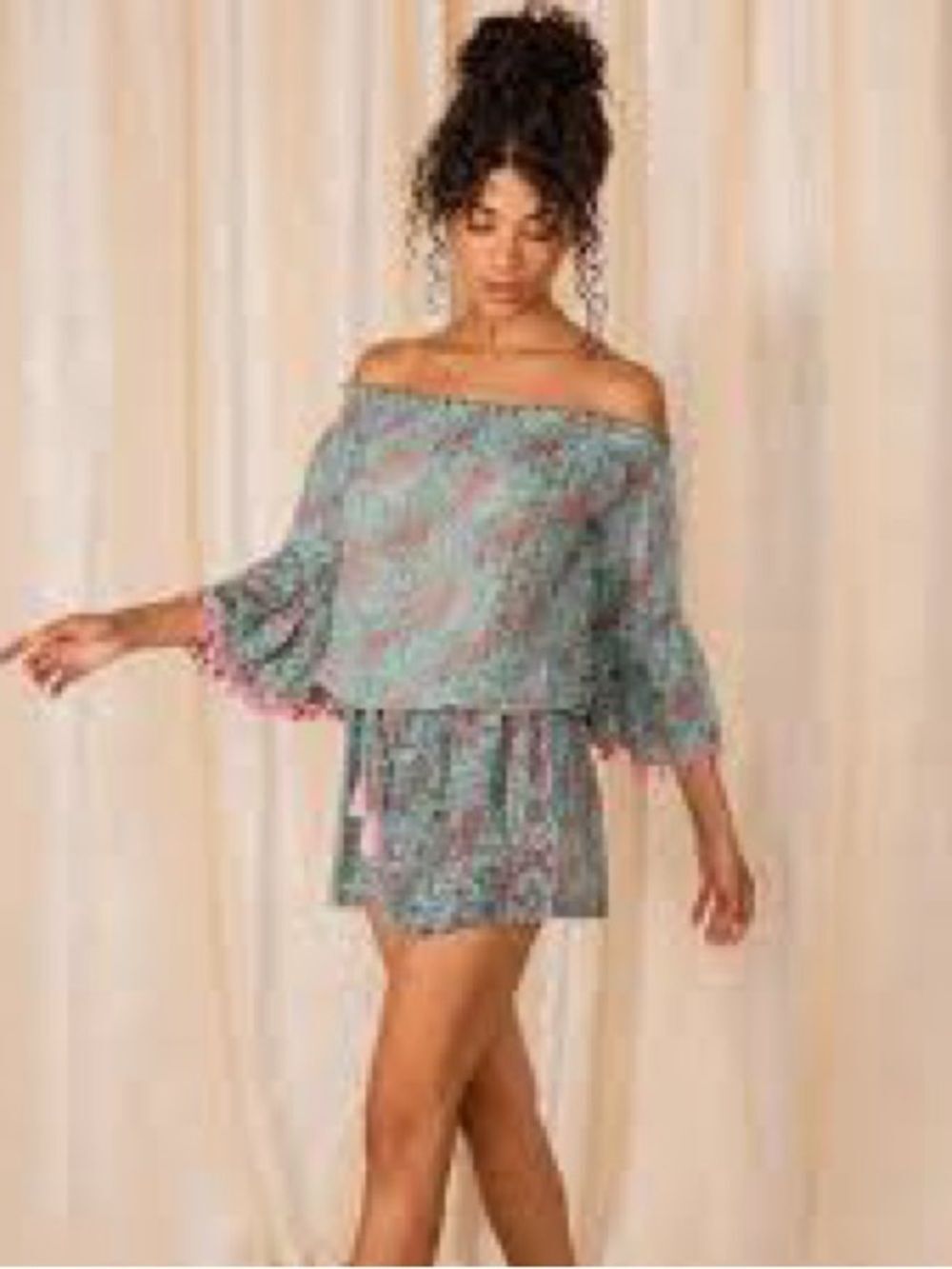 Raga Off-Shoulder Floral Mini Romper in Teal and Pink S